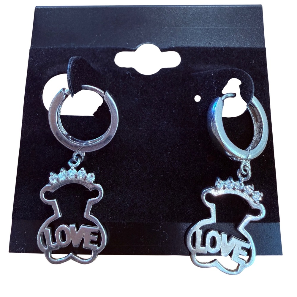 Sterling Silver Bear Love Crown Huggie Hoop Drop Earrings 925 Crystal Accents